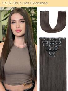 7pcs Clip-In Hair Extensions, Long Straight Synthetic Hair Extensions, Suitable For Women And Girls Daily Use (Dark Brown) - Dark Brown - View 12