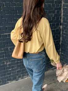 Camisa de mujer Camisa de cuadros amarilla para mujer, de primavera y otoño, con cuello alto, holgada, que adelgaza, de manga larga y con botones en una sola hilera - Amarillo - Ver 4