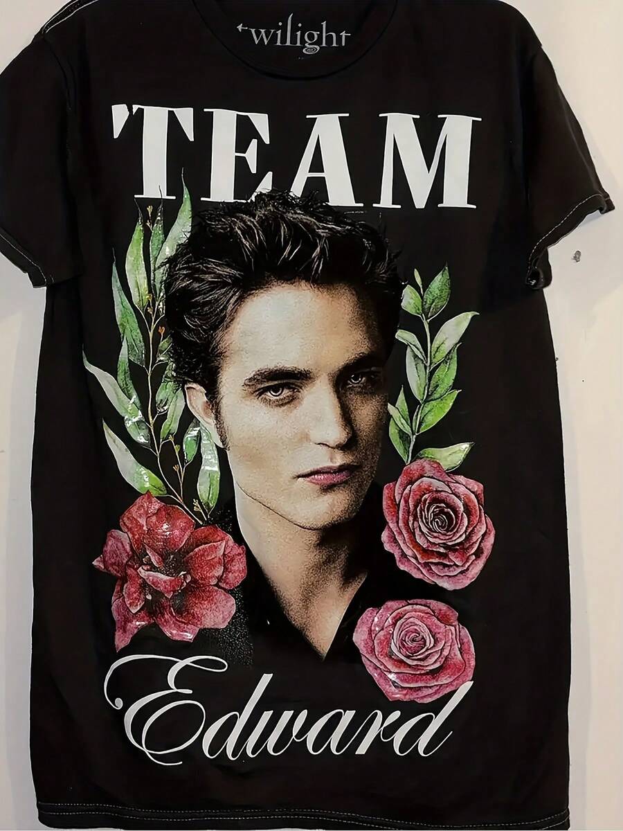 Twilight Edward Cullen Iconic Role T-Shirt - Casual Short-Sleeve Round-Neck Tee Featuring Edward Print, Machine Washable, Perfect For Christmas Vintage Clothing And New Year Gifts For Fans And Friends. - 黑色19 - 查看 1