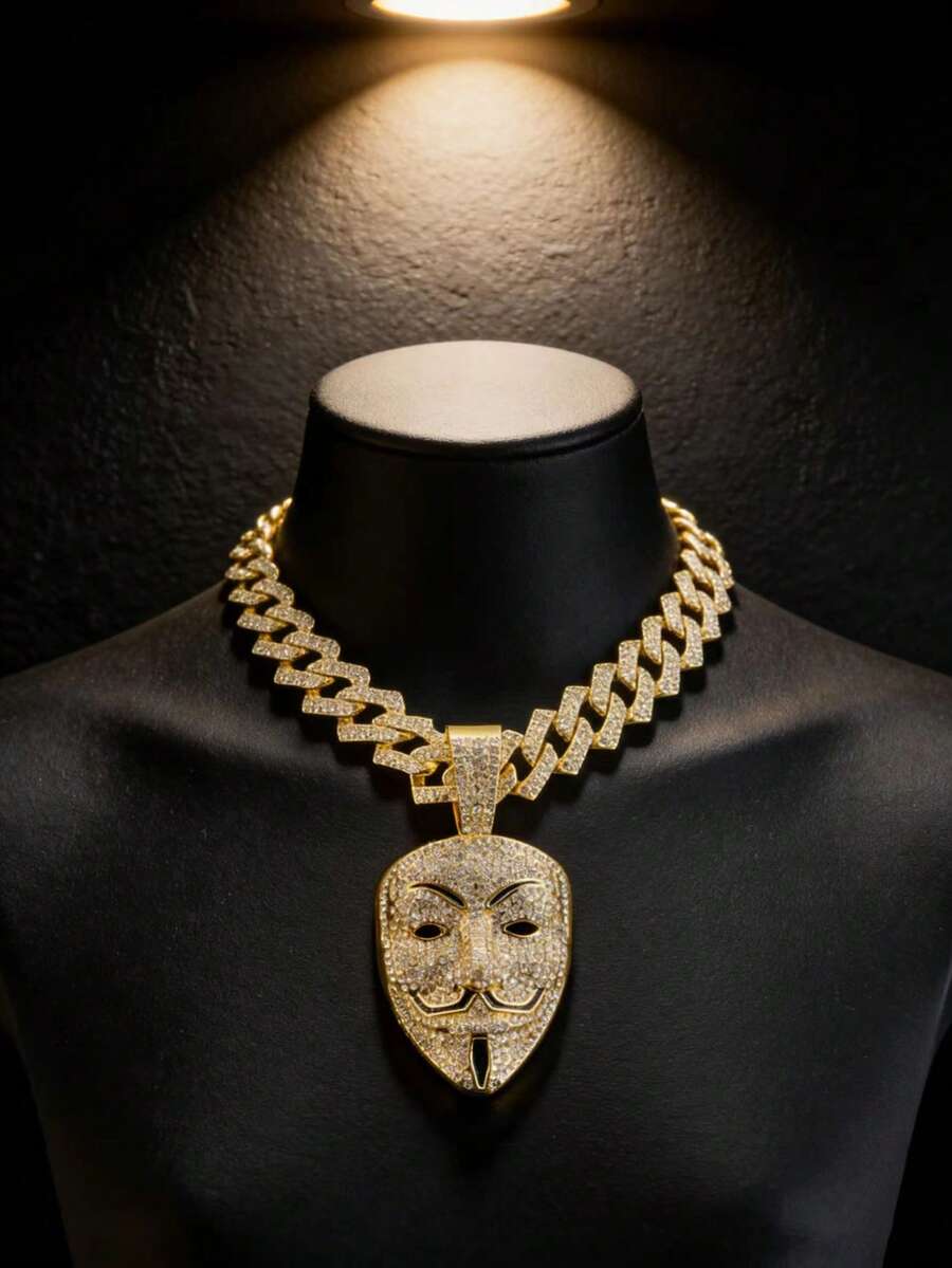 1件朋克摇滚嬉皮风链合金镶钻吊坠项链，嘻哈面具设计，男士款