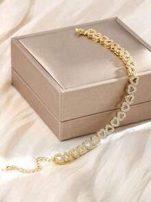 1pc Luxury Heart-Shaped Zirconia Bridal Bracelet, Adjustable Elegant Minimalist High-End Sparkly Women - Gold - 查看 4