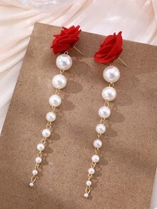 NAIZHU 一对优雅玫瑰花和仿珍珠流苏耳环，适合女性日常、约会、情人节、母亲节佩戴。 - 紅色 - 查看 2