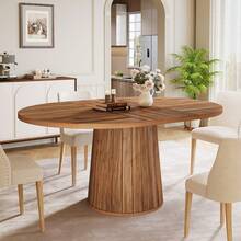 Tribesigns Oval Dining Table For 6 People, 55.11 Inch Farmhouse Wood Dining Table, Rustic Kitchen Table With Wooden Tabletop And Cylindrical Base For Dining Room (Brown) - 棕色 - 查看 6