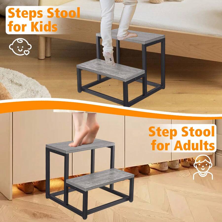 Escalera de dos peldaños resistente, capacidad de carga de hasta 227 kg, con elevador y zapatero para dormitorio, cocina y baño - Marrón, Escalera de baño | Diseño elegante | Escalera - Gris - Ver 1