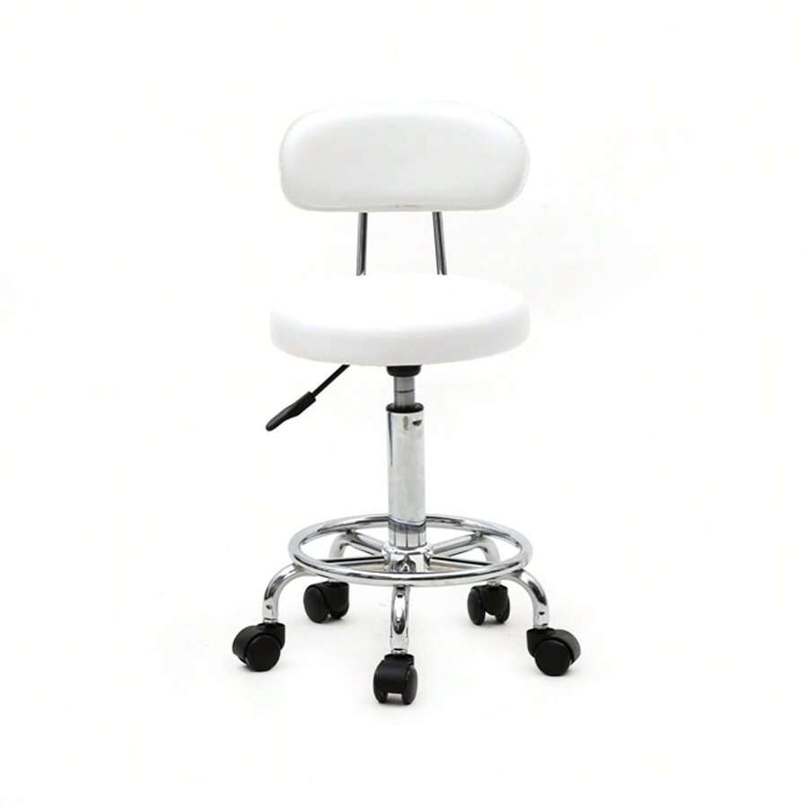 White Round Adjustable Salon Stool With Backrest & Striped Design Sturdy Ergonomic Rolling Stool For Salon Spa Barber Shop Beauty Studio Home Use - 預設 - 查看 1