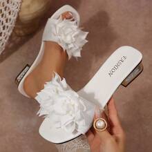 女士花卉装饰时尚拖鞋，休闲沙滩鞋，水晶鞋跟，简约风格 - 白色 - 查看 10