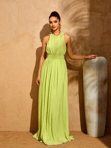 LOVE&LEMONADE Đầm maxi dự tiệc, cưới, mùa xuân dành cho nữ, không tay, xếp ly, dây mảnh, có mũ trùm đầu. - Màu xanh chanh - Xem 3