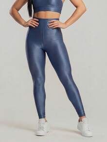 Women's Ribbed High-Waisted Fitness Leggings With A Shimmering Finish, Perfect For Premium Workouts. - Celana jeans biru - View 1