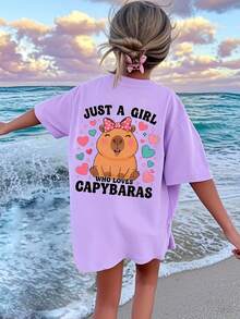 少女休闲紫色印花圆领短袖T恤，夏季上衣 - 紫色 - 查看 1