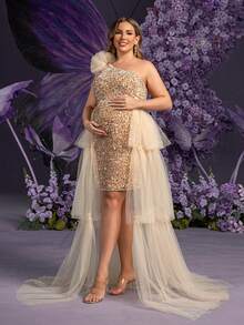 Faeriesty Elegant Maternity Plus Size Sequin-Embellished Sleeveless One-Shoulder Knee-Length Party Dress For Women | Sequin Upper Bodice With 3D Floral Appliques At Right Shoulder, Perfect For Spring Weddings, Mother's Day Celebrations - Champagne - View 2