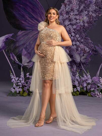 Faeriesty 优雅孕妇加大码亮片装饰无袖单肩及膝派对连衣裙 | 亮片上身，右肩饰有3D立体花朵贴花，完美适用于春季婚礼、母亲节庆祝活动