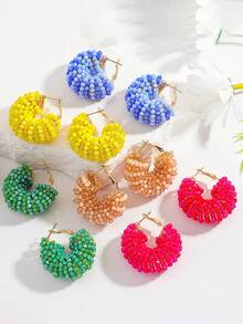 Bohemian Beaded Hoop Earrings, Handmade Crystal Chunky Hoop Earrings, Spring Vacation Boho Statement Jewelry For Beach & Summer Daily Wear - Multicolor - View 3