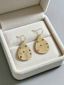 2只独特设计彩色水晶水滴女士耳环，镀金网格，轻盈奢华风格日常佩戴耳环 - 金色 - 查看 5