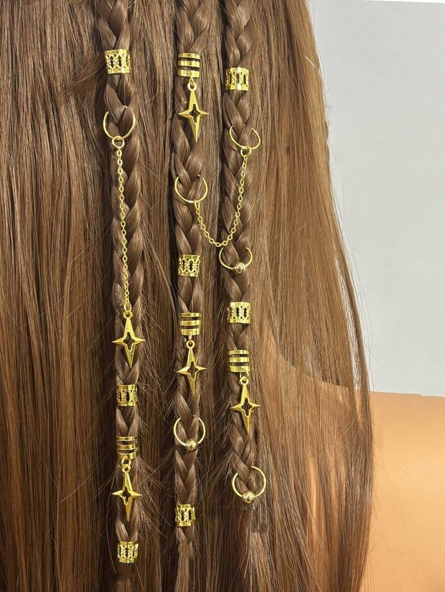 39件套时尚个性化发圈，星形流苏发饰，适合开斋节、送礼、休闲和正式场合 - 金色 - 查看 1