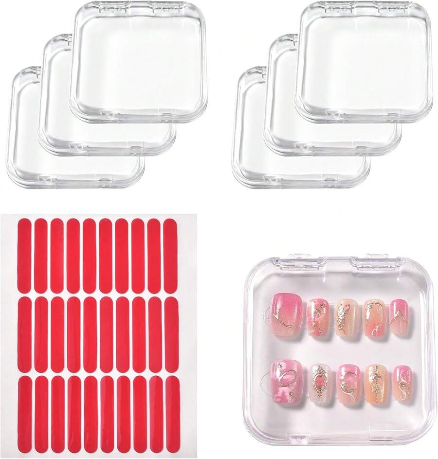 6PCS Press On Nail Storage Box, Press On Nail Package Case With 30 PCS Adhesive Double Sided Tape Organizer Nail Case Acrylic Fake Nail Display Container Artificial False Nail Packaging Box - Transparent 6PCS - View 1