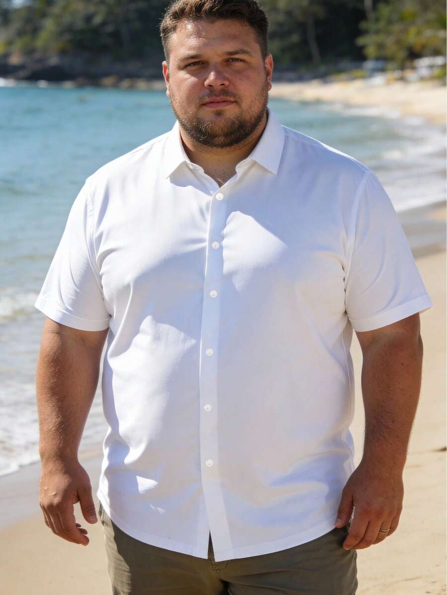 男士加大码白色短袖衬衫,简约商务休闲短袖衬衫,百搭纯色衬衫 - 白色 - 查看 1
