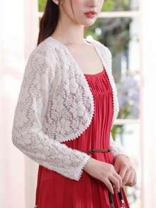 1 chiếc áo khoác cardigan ren mỏng nhẹ, áo khoác mùa hè thanh lịch tay dài thoáng mát, có thể phối cùng váy slip dress. - trắng - Xem 10