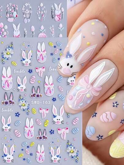 复活节兔子花朵雕刻美甲贴纸，春季可爱复活节彩蛋郁金香花卉图案自粘美甲装饰，5D雕刻兔子自粘美甲贴纸，花卉蝴蝶结图案，自粘兔子和复活节彩蛋美甲装饰美甲用品