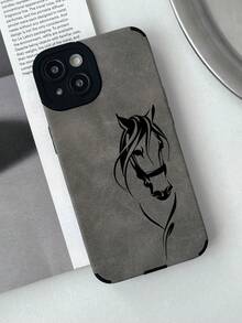 极简奢华仿麂皮纹理马头印花高端灰色手机壳，镜头保护壳，兼容 17/ 17 Pro/ 14/ 16/ 16e/ 17 Pro Max/ 15 - 灰色 - 查看 5