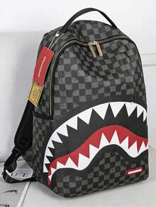 Shark Cartoon Backpack For Teens Funny Plaid Print School Bag Large Capacity Daypack For Boys And Girls - 黑灰 - 查看 1