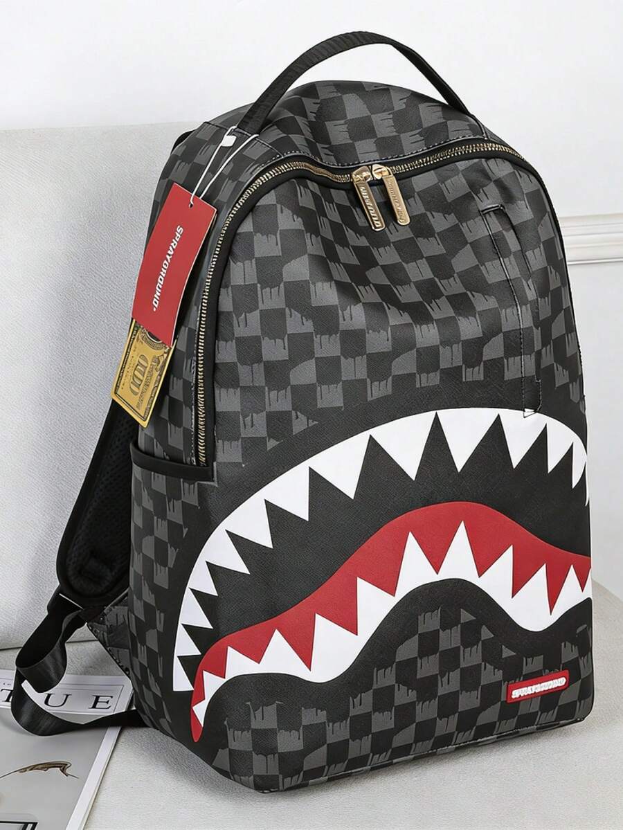 Shark Cartoon Backpack For Teens Funny Plaid Print School Bag Large Capacity Daypack For Boys And Girls - 黑灰 - 查看 1