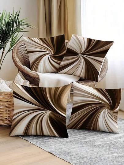 4件套现代米色抽象漩涡极简图案抱枕套，100%涤纶桃皮绒面料，单面印花，适用于沙发椅装饰，家居装饰，不含枕芯