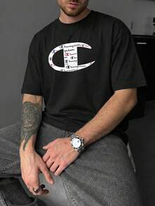 Basic Men's T-Shirt With Round Neck And Print, Made Of Pure Cotton, With Exquisite Print, Suitable For Spring And Summer, Everyday Wear, Outdoor Activities, Commuting And School. - màu đen - Xem 1