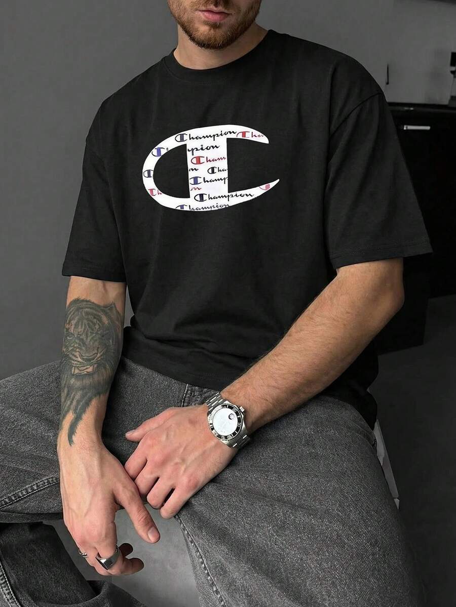 Basic Men's T-Shirt With Round Neck And Print, Made Of Pure Cotton, With Exquisite Print, Suitable For Spring And Summer, Everyday Wear, Outdoor Activities, Commuting And School. - 黑色 - 查看 1