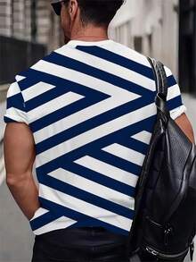 Plus Size Blue & White Striped Allover Print T-Shirt | "R" Logo Accent Minimalist Casual Streetwear Short Sleeve Top - Blue - View 2