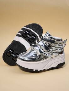 Kids Roller Skate Shoes With 4 Wheels, Detachable Wheels, Roller Skating Shoes, Fashion Casual Shoes With Hook And Loop, For Boys And Girls, Children And Students - Silver - View 2