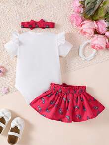 H HIBOBI 3件套女婴春夏玫瑰印花连体衣、裙子和发带套装 - 玫紅色 - 查看 3