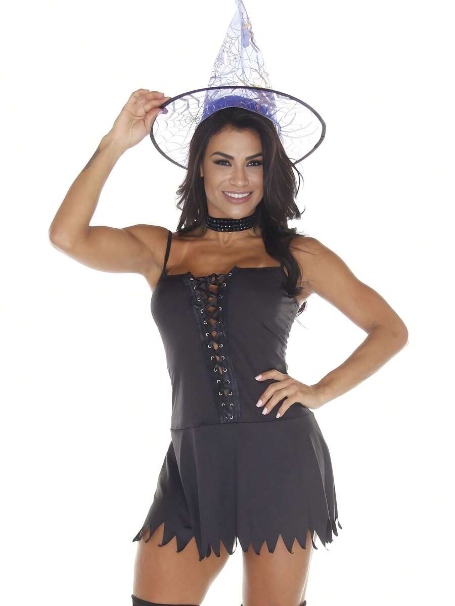Fantasia Halloween Feminina Bruxa Sensual Com Vestido e Chapéu Festa Temática Bruxinha Carnaval - Preto - Visão 1