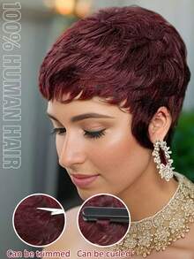 Pelucas de cabello humano para mujeres, estilo corte pixie en varios colores para mujeres, pelucas de cabello humano corto mezclado en color burdeos y marrón con flequillo, perfectas para fiestas y festivales de música - S99JA/BUGA - Ver 3