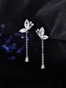1 Pair S925 Sterling Silver Rhinestone Butterfly Tassel Earrings, Elegant Feminine Woodland Style Sweet Earrings, Versatile For Daily Wear, Lovely Butterfly Earring Gift - Multicolor - View 13