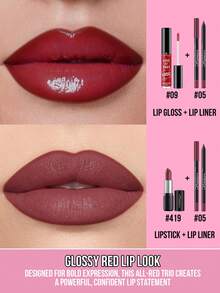 MISSLYN 3-Piece Passionate Red Lipstick Set, Matte Finish Long-Lasting Pigmented, Velvety Smooth Texture, Sensual Deep Red Powder Moisturizing, Fall In Love At First Use Plump Lip Gloss - #Hot Red - View 2