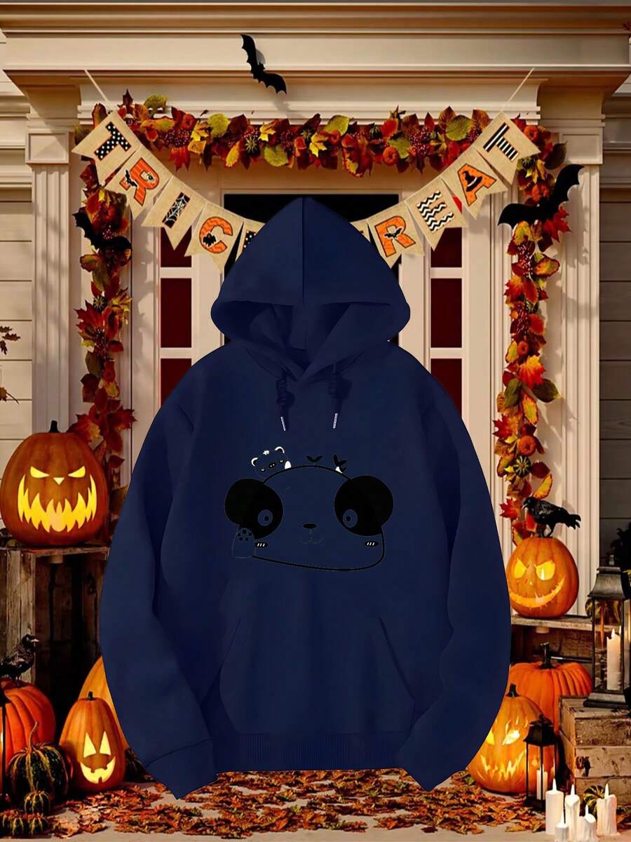 1pc Printed  European And American Casual Sports Comfortable Loose Polyester Panda Series Hooded Sweatshirt - Red - View 1