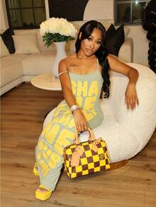 Sexy Letter Print Fitted Halter Top Dress For Women, Women's Y2K Vintage Street Casual Long Dress - 黃色 - 查看 1