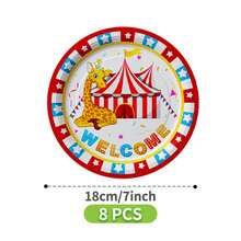 嘉年华马戏团主题一次性餐盘、餐巾纸、杯子套装，包含餐盘、餐巾纸和杯子，适合8位客人使用，一次性纸盘，派对餐具，适用于生日、婚礼、主题派对、家庭野餐等场合。 - 彩色 - 查看 8