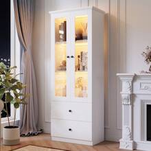 Moderne LED-Vitrine weiß matt 165 cm hoch mit USB-Anschluss, 16-Farben-Fernbedienung, Glasvitrine mit 2 Schubladen, Vertikalvitrine mit verstellbaren Fachböden, Vitrine mit Flügeltüren, MDF-Wohnzimmer - Weiss - Übersicht 1