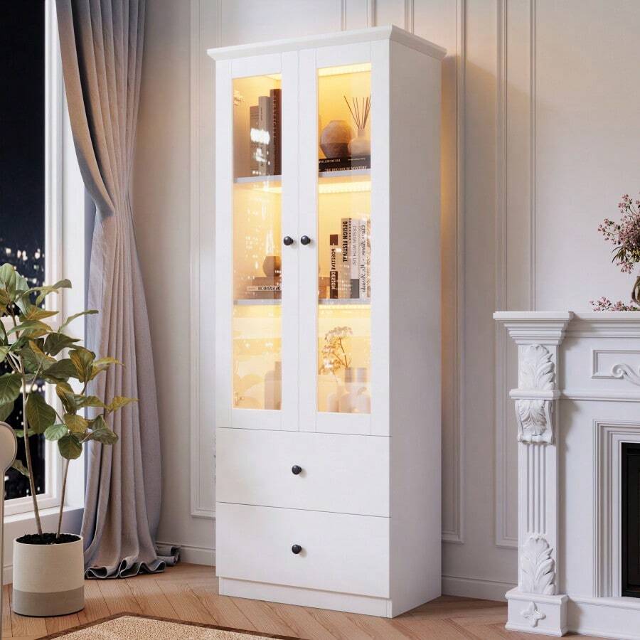 Moderne LED-Vitrine weiß matt 165 cm hoch mit USB-Anschluss, 16-Farben-Fernbedienung, Glasvitrine mit 2 Schubladen, Vertikalvitrine mit verstellbaren Fachböden, Vitrine mit Flügeltüren, MDF-Wohnzimmer - Weiss - Übersicht 1