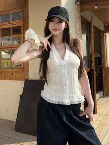 女士无袖吊带衫，法式优雅蕾丝V领吊带背心 - 白色 - 查看 4