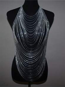 Dây chuyền ngực nhiều lớp đính pha lê tua rua thời trang, gợi cảm, phụ kiện trang sức nội y phóng khoáng dành cho nữ, thích hợp cho các bữa tiệc đêm, quà tặng ngày Valentine. - Bạc - Xem 3