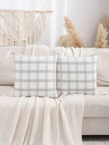1 Stück/2 Stück Leinen Jacquard Dekorative Kissenbezüge, kariertes geometrisches Muster für Wohnzimmer, Schlafzimmer, Landhausstil Heimdekoration mit Quasten - Grau - Übersicht 10