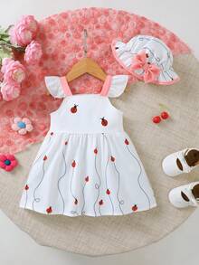 1 Stück Baby Mädchen Süßes Lässiges Mode Marienkäfer Stickerei & Muster Kleid mit Kappe Ärmel und Hut, Frühling/Sommer - Weiss - Übersicht 1