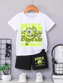 Disney Short-Sleeve T-Shirt And Shorts Summer Set The T-Shirt Features A Monster University Mike Wazowski Cartoon Lettering Design, While The Shorts Showcase A Monster University Mike Wazowski Lettering Print. Crafted From Soft, Comfortable Fabric, This Two-Piece Boys' Set Is Perfect For Spring And Summer. Its Cool, Stylish Look Makes It Ideal For Everyday School Wear, Shopping Outings, And Travel Adventures-And It Makes An Excellent Gift For Young Boys. - Trắng + Đen - Xem 2