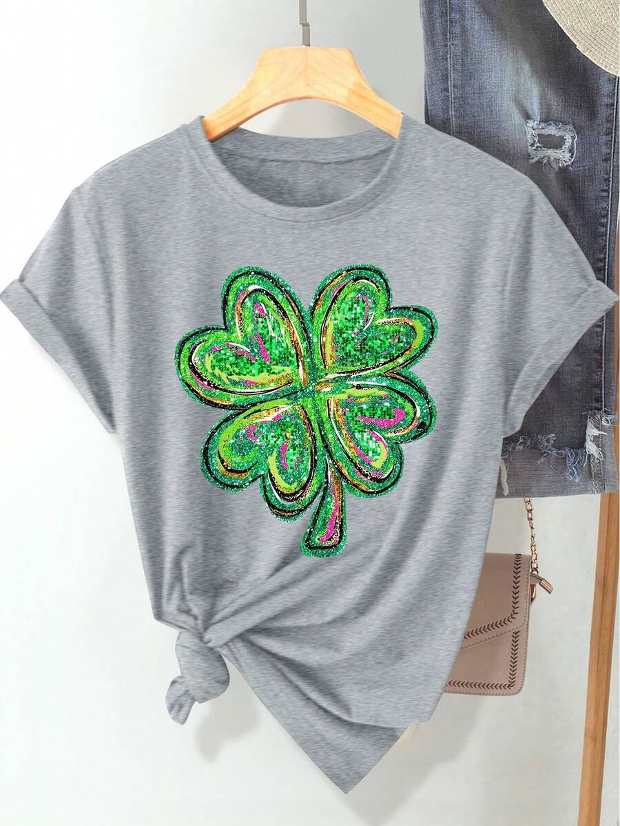 (St. Patrick's Day) Green Pink Black Glitter Texture Design Four-Leaf Clover Pattern Print Fashion Elegant Women's Spring Summer Autumn Casual Sports Style Top Soft Comfortable Round Neck Short Sleeve T-Shirt Available In S-XXL - 淺灰色 - 查看 1