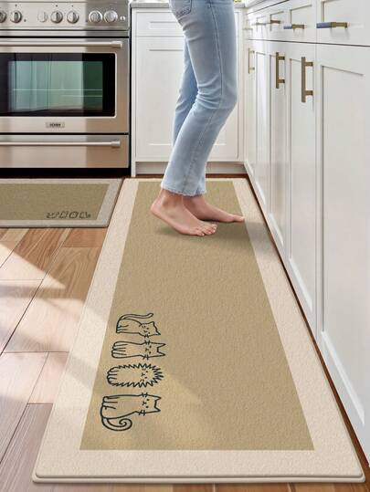 1pc Nordic Style Long Rectangular Rug, Cute Cat Line Pattern Kitchen Mat, Suitable For Bathroom, Kitchen, Outdoor, Indoor, Hallway, Bedroom, Living Room, Machine Washable Kitchen Carpet, Doormat