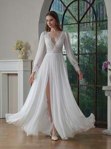 YOUKEFEIER 2026 New High Waist Slit Lace Wedding Dress, White Long Sleeve Short Train Bridal Gown, Slim & Sexy Bohemian Style Dress - Beige - View 3