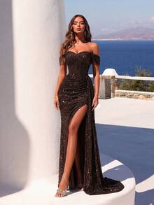 ADYCE Đầm cocktail hở vai đính sequin, xếp ly, thắt nơ phía trước, xẻ tà, hở lưng, thích hợp cho khách dự đám cưới, tiệc tối trang trọng, lễ tốt nghiệp, tiệc Giáng sinh và các dịp khác, tiệc mùa xuân. - màu nâu - Xem 1