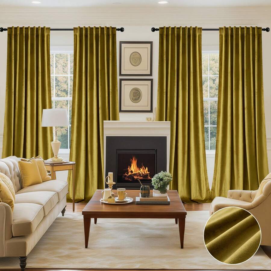 4pcs Velvet Room Darkening Curtains, Thermal Insulated Curtains, Vintage Soundproof Curtains For Living Room, Bedroom, Elegant Soft Velvet Grommet Curtains, Christmas Décor, Christmas Decorations For Home - 金色 - 查看 1
